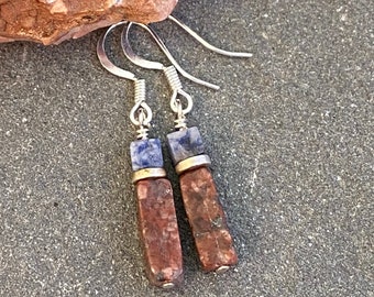 Feldspar gemstone red earrings, sodalite gemstone blue earrings, earthy, geometric,