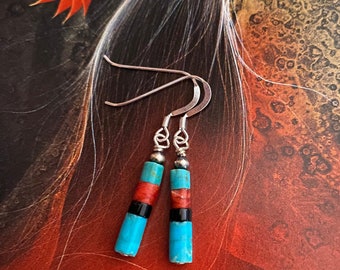 Red coral, black heishi gemstone and genuine turquoise dangle earrings, Navajo pearl earrings, Southwestern style, stacked, sterling silver