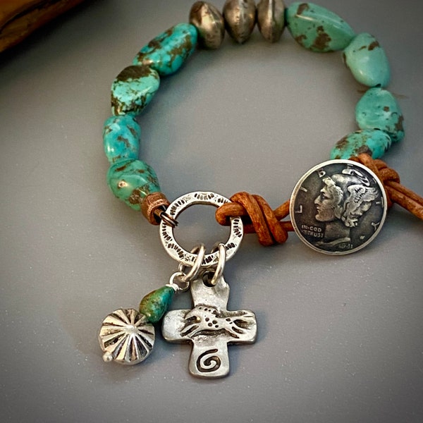 Turquoise bracelet with a 1941 silver mercury dime button toggle, turquoise nuggets, cross charm, spirit horse, heart, concho, Valentine day