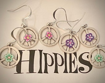Peace sign earrings, Hippie earrings, 60's jewelry, flower power, free spirit, boho, flower child, peace sign jewelry, free love