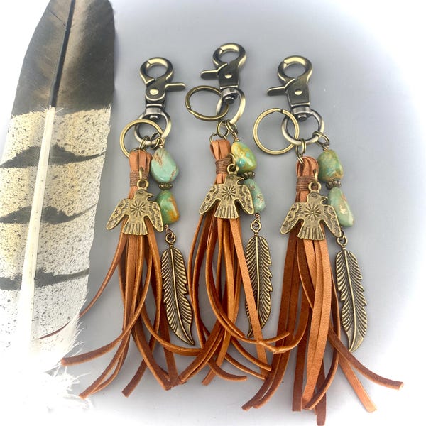 Southwestern thunderbird purse tassel, chunky turquoise nugget, Phoenix bird bag charm,  turquoise lover