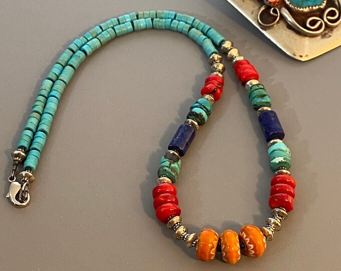 Lapis Red Coral Turquoise Multi Gemstone Necklace Colorful - Etsy