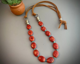 Chunky red coral necklace, genuine turquoise, southwestern style, long leather adjustable, western necklace, sponge coral