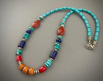 Lapis, red coral, turquoise, multi gemstone necklace, colorful Southwest style, bold