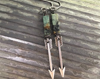 Silver Arrow Earrings, African Turquoise, Turquoise Stick Earrings, Arrow Dangles, Earthy, Rustic, Western, Cowgirl, Rodeo, Bohemian, Hippie