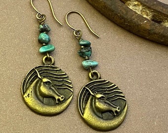 Southwest style brass and turquoise horse earrings, spirit horse, wild and free, horse lover gift, western, cowgirl