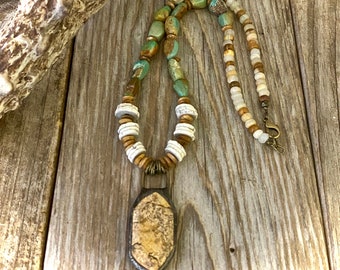 Picture jasper focal stone freeform pendant necklace, genuine green turquoise nuggets, ostrich egg shell beads, rustic unique style, boho