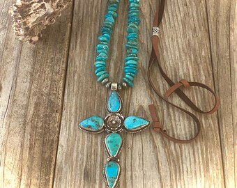 Turquoise cross pendant necklace, genuine turquoise, artisan Nepal cross, lotus flower, leather, western, adjustable, organic, faith, boho