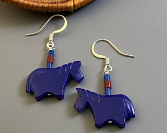Southwestern horse fetish earrings, spirit horse, navy blue dangle earrings, western, cowgirl, horse lover gift, equine