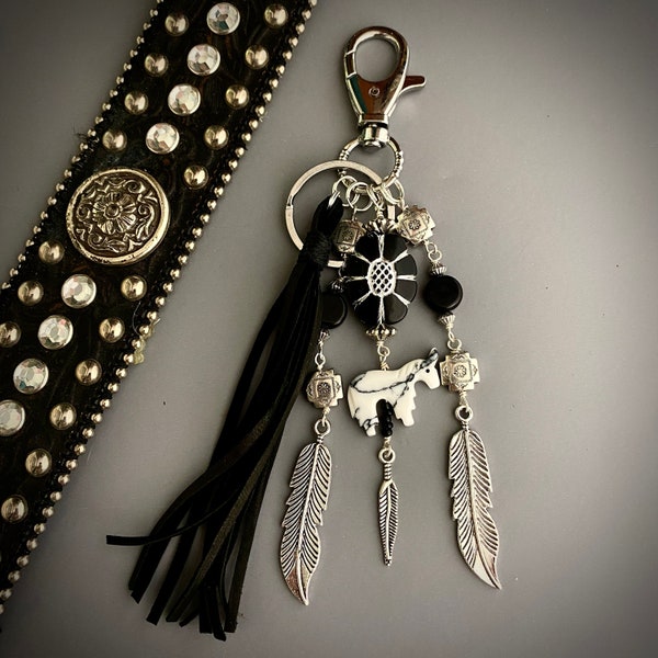 Southwestern horse purse tassel keychain, black leather fringe, pinto paint, western pony bag charm, equestrian gifts, gift for her, boho