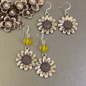 Silver sunflower dangle earrings, silver flower, hippie, flower child, happy, spring time, boho, sunflower lover,