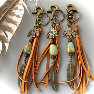 Southwestern thunderbird purse tassel, chunky turquoise nugget, Phoenix bird bag charm,  turquoise lover