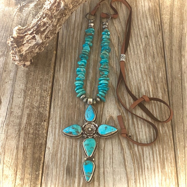 Turquoise cross pendant necklace, genuine turquoise, artisan Nepal cross, lotus flower, leather, western, adjustable, organic, faith, boho