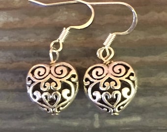Silver Heart Earrings, Silver Filigree Puffed Heart Dangle Earrings, Southwestern Heart Earrings, Brighton Style, Western Cowgirl Earrings