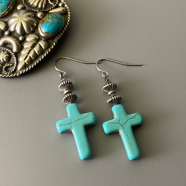 Southwest style turquoise cross earrings, western, cowgirl, inspirational, classic, faith