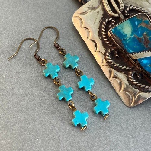 Boho Turquoise Cross Drop Earrings For Women - Western Bohemian Statement Jewelry
