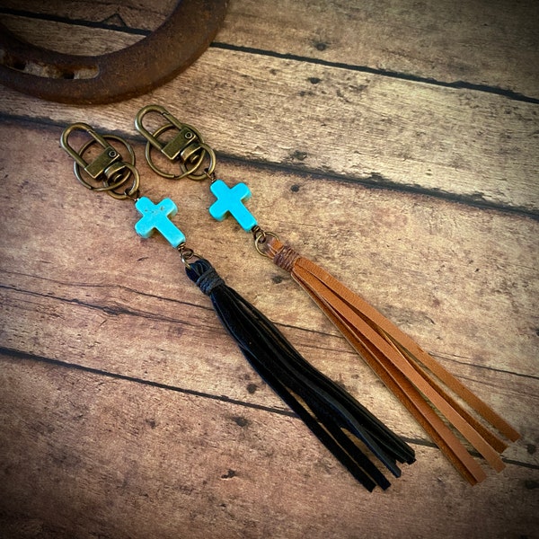 Cross Keychain, Turquoise Cross Tassel Keychain, Western Purse Charm, Backpack Cross Charm, Brass Keychain, Cowgirl Gift, Western Gift