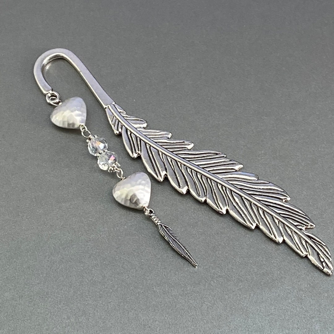 Silver Heart Bookmark, Faceted Crystal Bookmark, Silver Feather ...