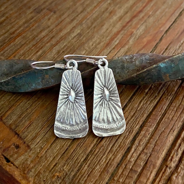 Silver Bohemian earrings, Aztec design,sun burst, ethnic, gypsy, hippie, boho chic, light weight