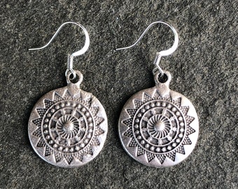 Aztec sun silver disc earrings, Bohemian, stamped disc, gypsy, hippie, sunburst, boho chic, ethnic, everyday wear