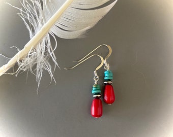 Red coral genuine turquoise heishi dangle earrings, Navajo pearl earrings, Southwestern style, stacked, sterling silver, Mothers Day gift