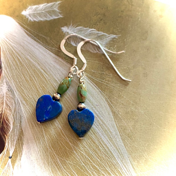 Lapis heart dangle earrings, Navajo pearls, dainty, lapis lazuli gemstone, genuine turquoise, Mother's Day gift, gift for her