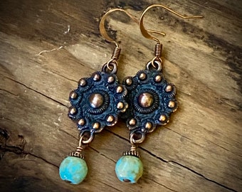 Southwest style copper concho earrings, turquoise, western, rodeo, cowgirl, Old West