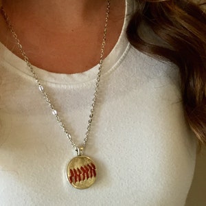 Used Baseball Leather Pendant Necklace, Baseball Heart Pendant Silver Necklace, Round Baseball Leather Pendant, Baseball Mom Gift,Sport Gift image 5