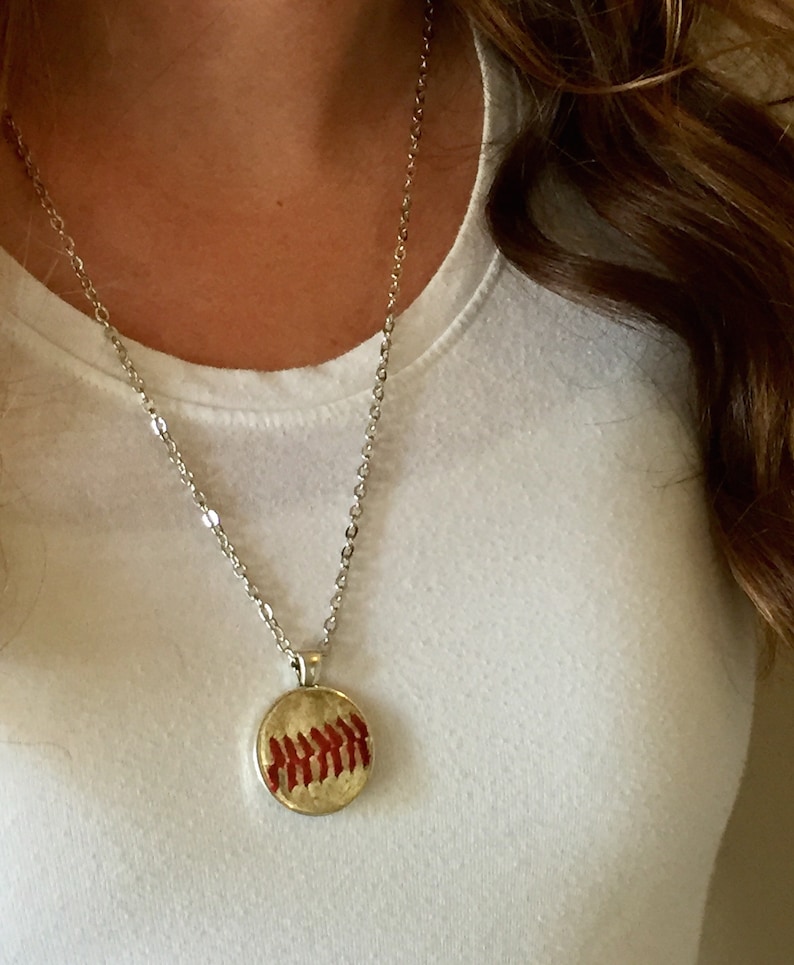 Used Baseball Leather Pendant Necklace, Baseball Heart Pendant Silver Necklace, Round Baseball Leather Pendant, Baseball Mom Gift,Sport Gift image 5