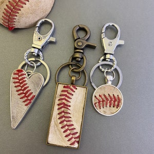 Leather Baseball Keychain, Used Baseball Leather Rectangle or Round Key Chain, Backpack Charm ...