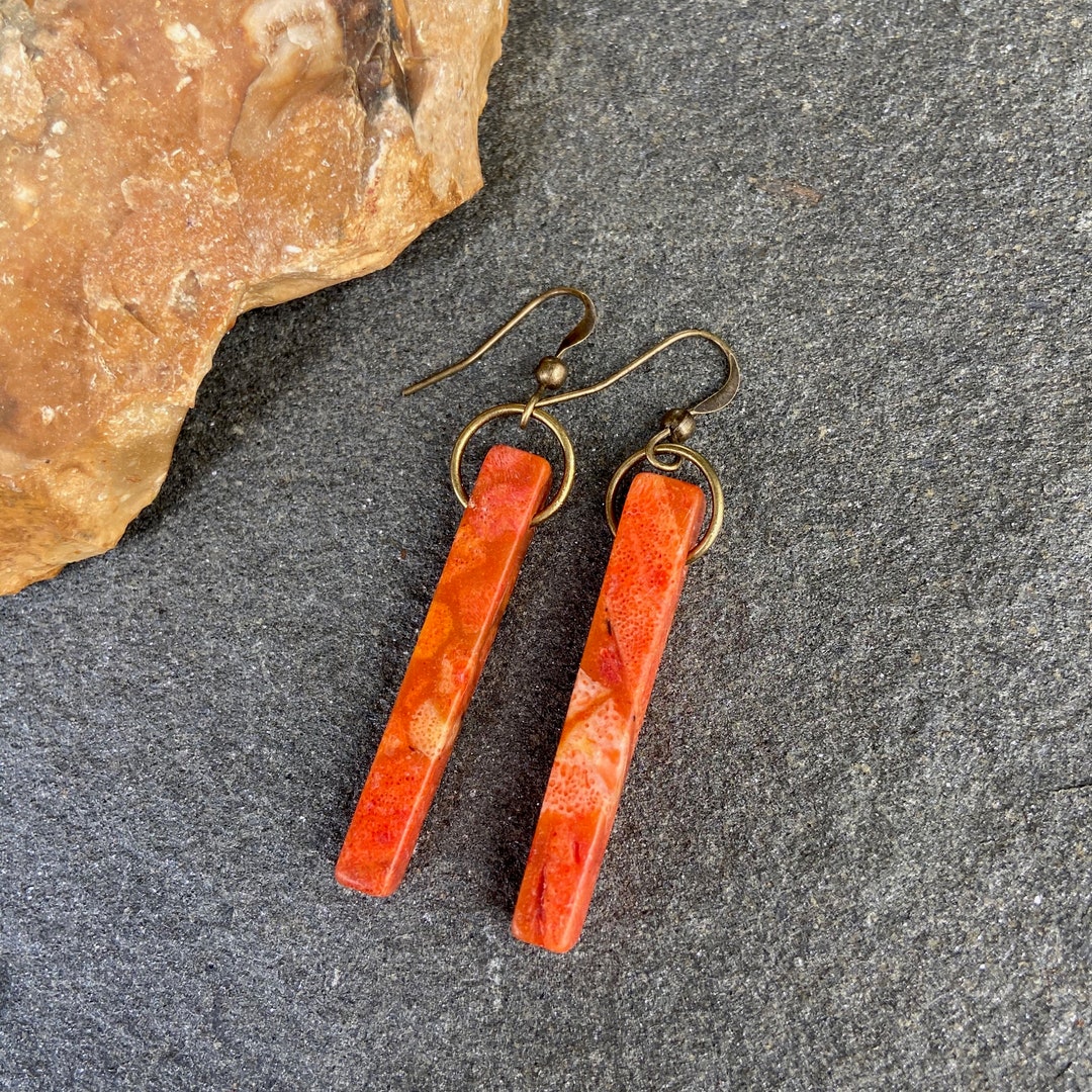 Orange Coral Stick Earrings Long Red Coral Earrings Orange Etsy