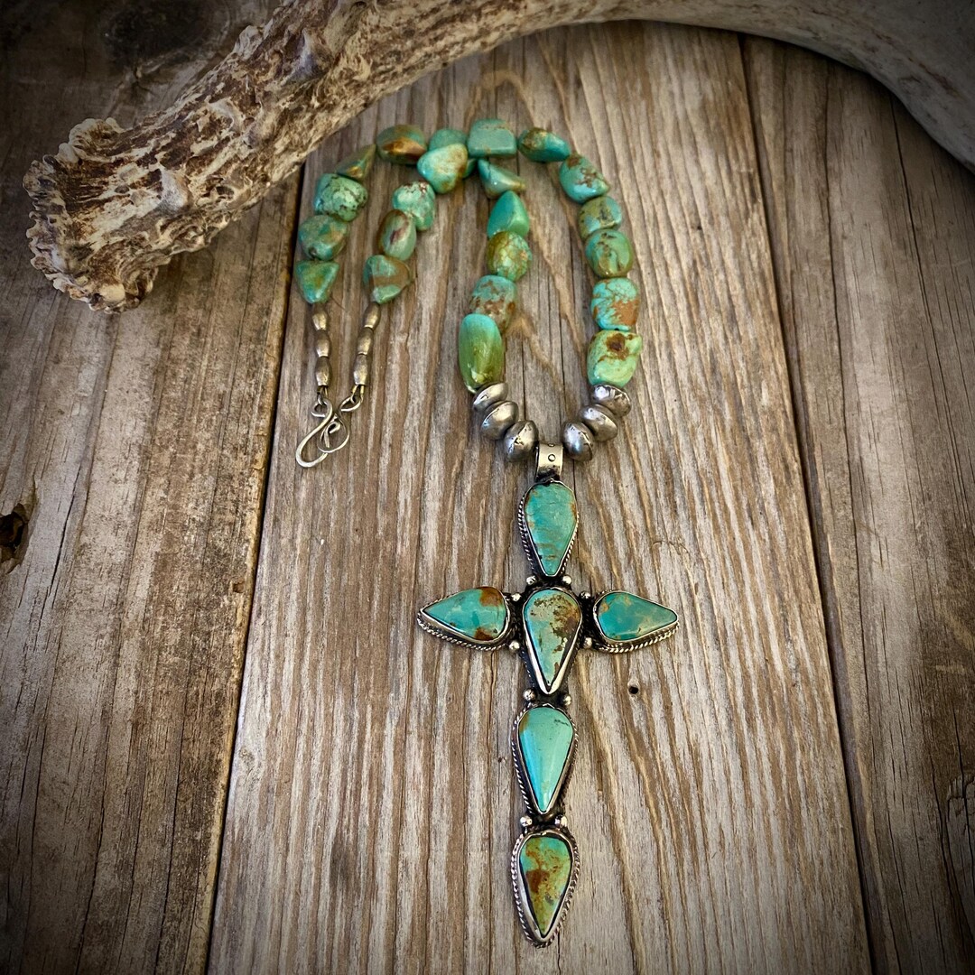 Turquoise Fleur de Lis Style Bali Cross Pendant main image 1