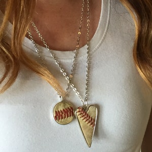 Used Baseball Leather Pendant Necklace, Baseball Heart Pendant Silver Necklace, Round Baseball Leather Pendant, Baseball Mom Gift,Sport Gift image 3