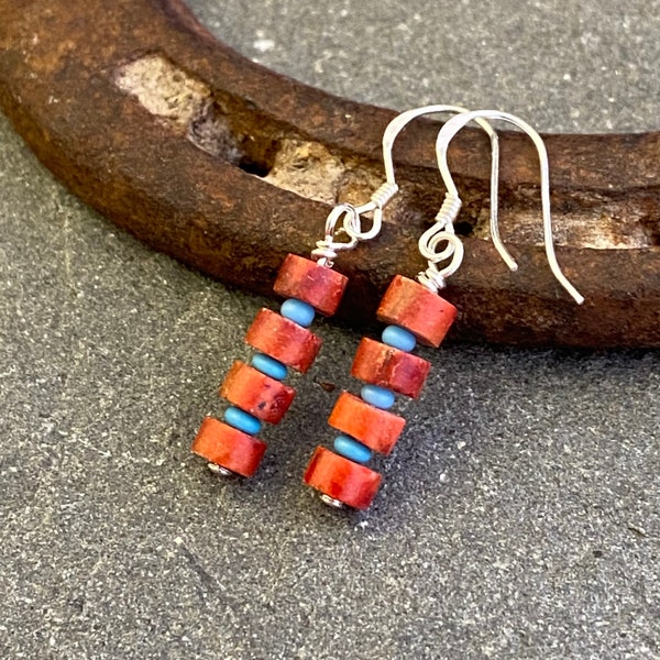 Southwest style red coral earrings, red coral heishi, seed bead, stacked, western, cowgirl, boho