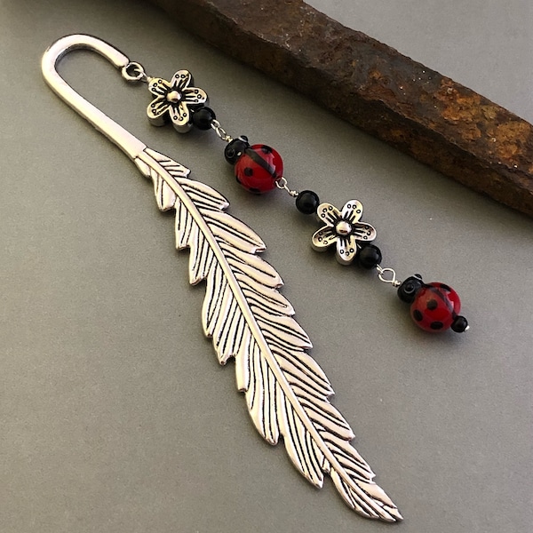 Ladybug Bookmark, Silver Feather Bookmark, Flower Bookmark, Daisy, Ladybug Lover Gift, Teacher Gift, Bookclub Gift