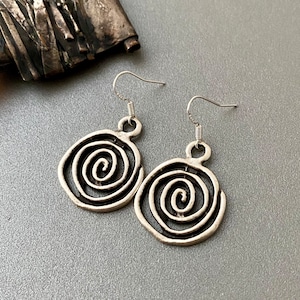 Silver spiral earrings, spiral galaxy, modern, swirl dangle, minimalist, simple, boho
