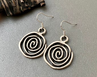 Silver spiral earrings, spiral galaxy, modern, swirl dangle, minimalist, simple, boho