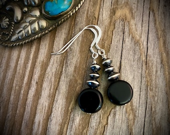 Navajo pearl black and sterling silver dangle earrings, stacked, southwestern style, artisan, classic, casual, every day