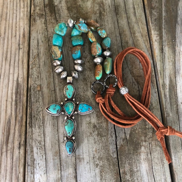 Nepali Turquoise Cross Necklace, Southwestern Turquoise Leather Necklace, Genuine Chunky Turquoise, Santa Fe Style, Rustic, Western, Boho