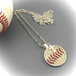 Authentic Leather Round Pendant Baseball Necklace with Cross Charm, Recycled, Faith Sport Gift