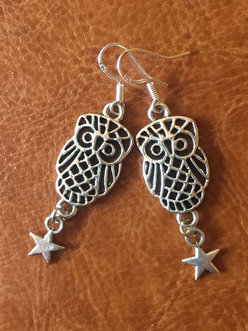 Owl earrings, silver filigree owl dangle earrings, whimsical bird, Halloween earrings, night owl, owl lover gift image 1