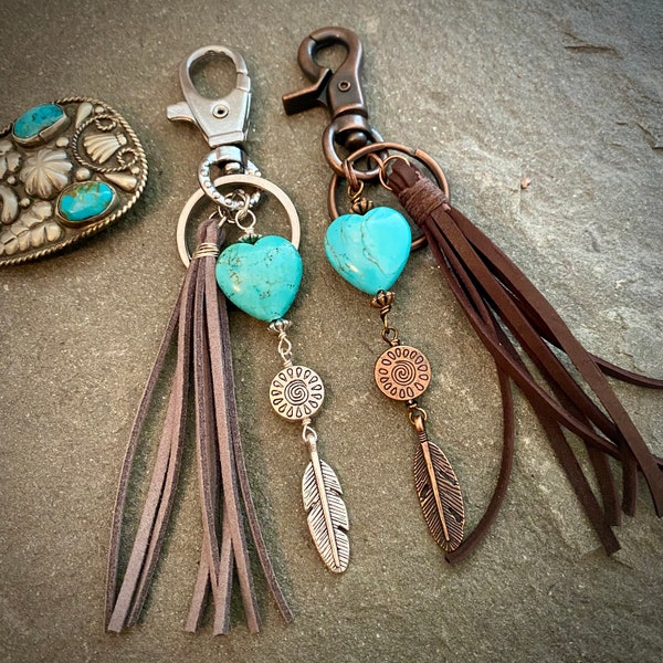 Turquoise heart purse charm, Southwestern leather tassel purse charm, heart keychain, backpack charm, western, heart lover gift