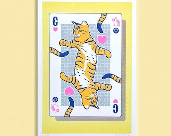 Carta da gioco Risoprint GATTO DI CUORI | stampa artistica | stampa a 3 colori | Studio Nulzet