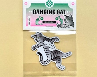 Fridge magnet of dancing cat | cute tabby cat magnet | fun accessory and unique decoration for your home or office | Studio Nulzet