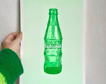 Risograph print of emerald green lemonade bottle TRAUBISODA | 2 colour print with neon | unique wall art | Studio Nulzet