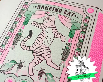 Fluorescent Risograph Print: Matchbox with Dancing Cat on Theatre Stage | unique wall art | with free fridge magnet | Studio Nulzet