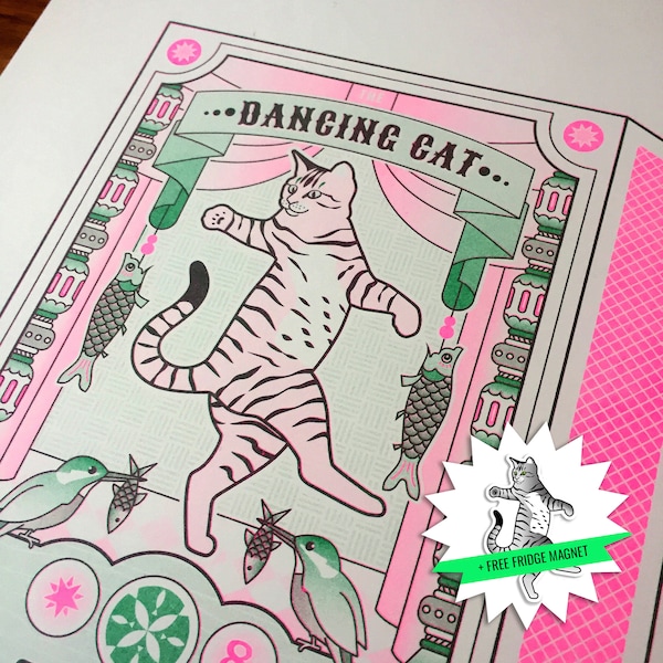 Fluorescent Risograph Print: Matchbox with Dancing Cat on Theatre Stage | unique wall art | with free fridge magnet | Studio Nulzet