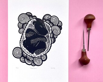 Lino print of curled up sleeping baby skunk | original handcarved linocut print in limited edition | Nulzet