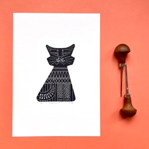 Lino print MID CENTURY CAT Original handcarved lino print Limited edition cat Nulzet image 1