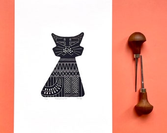 Lino print MID CENTURY CAT | Original handcarved lino print | Limited edition cat | Nulzet